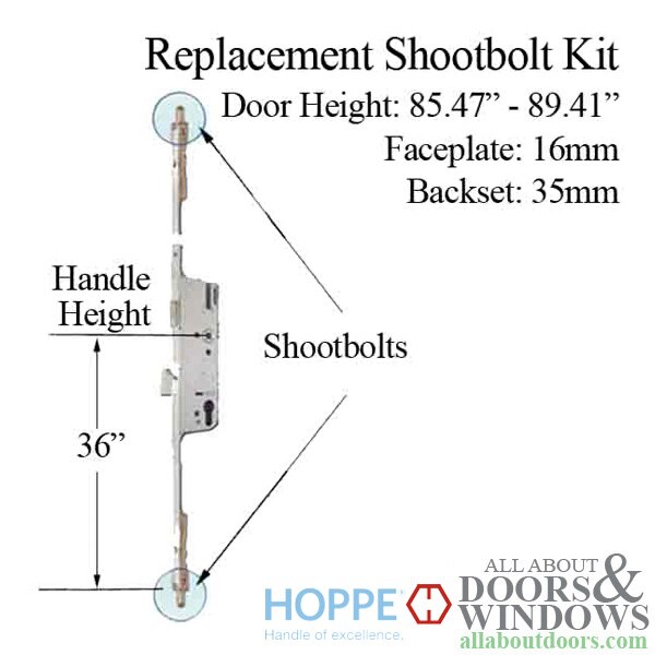 Hoppe 3-point multipoint lock, door heights 85.47" - 89.41" 1-3/8" backset