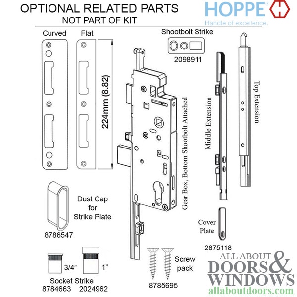 Hoppe 3point multipoint lock, door heights 88.43 92.36", 13/8" backset