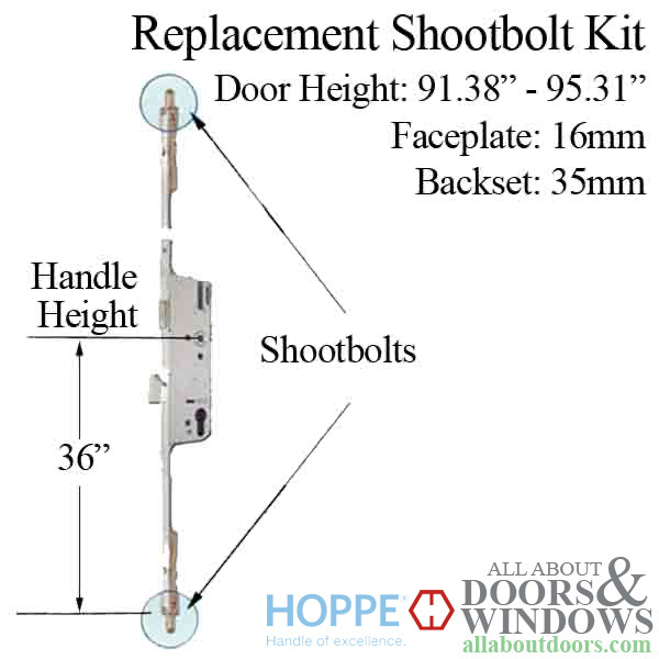 Hoppe 3-point multipoint lock, door heights 91.38 - 95.31 inch, 1-3/8 inch backset