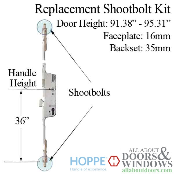 Hoppe 3-point multipoint lock, door heights 91.38 - 95.31 inch, 1-3/8 inch backset