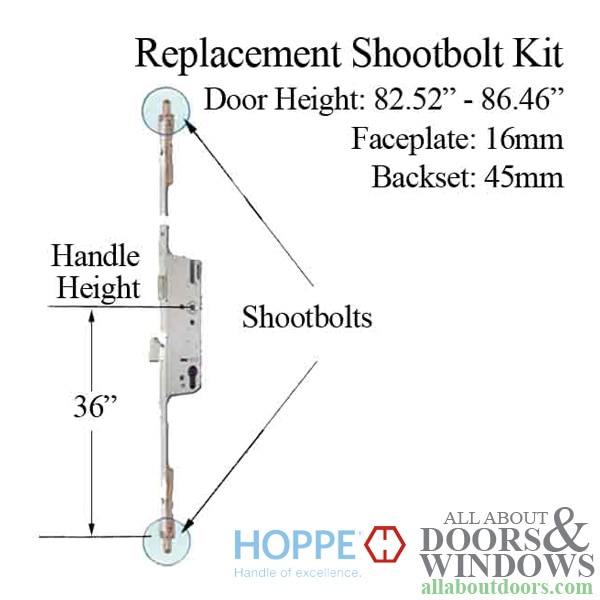 Hoppe replacement shootbolt kit 16/45/92 for multipoint lock