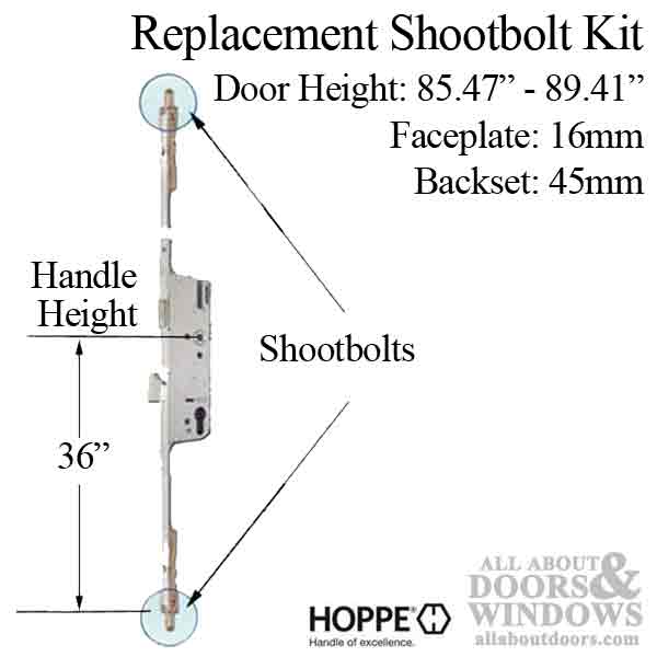 Hoppe 3-point multipoint lock, door heights 85.47"- 89.41", 1-3/4" backset