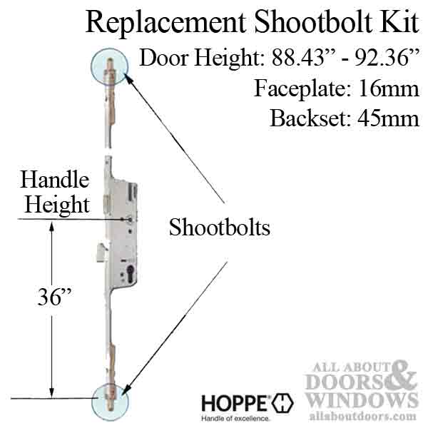 Hoppe 3-point multipoint lock, door heights 88.43"- 92.36", 1-3/4" backset