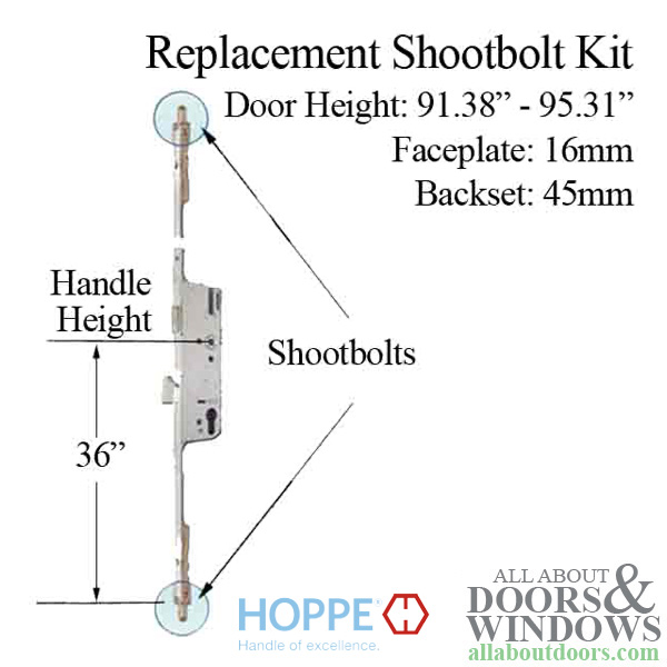 Hoppe 3-point multipoint lock replacement shootbolt kit 16/45/92