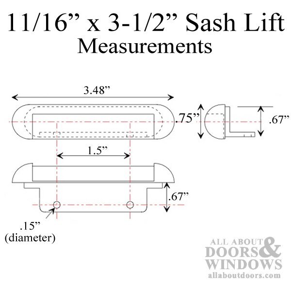 Recessed Plastic Sash Lift, 11/16 x 3-1/2 Inches, 3 Holes - Dimensions