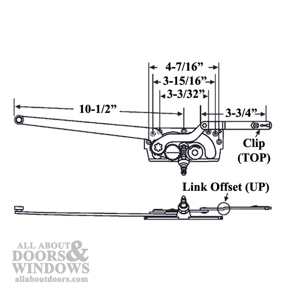 diagram showing that operator has a link offset up, a clip on top, and measurements showing a 10-1/2 inch long arm and 3-3/4 inch short arm