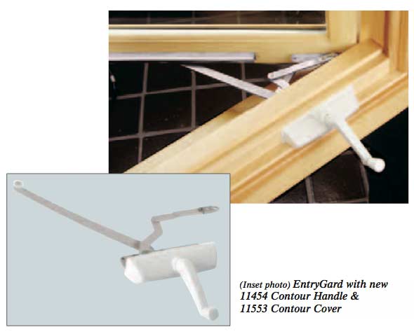 casement operator with white cover and handle attached and separate image with operator installed on an open wooden casement window