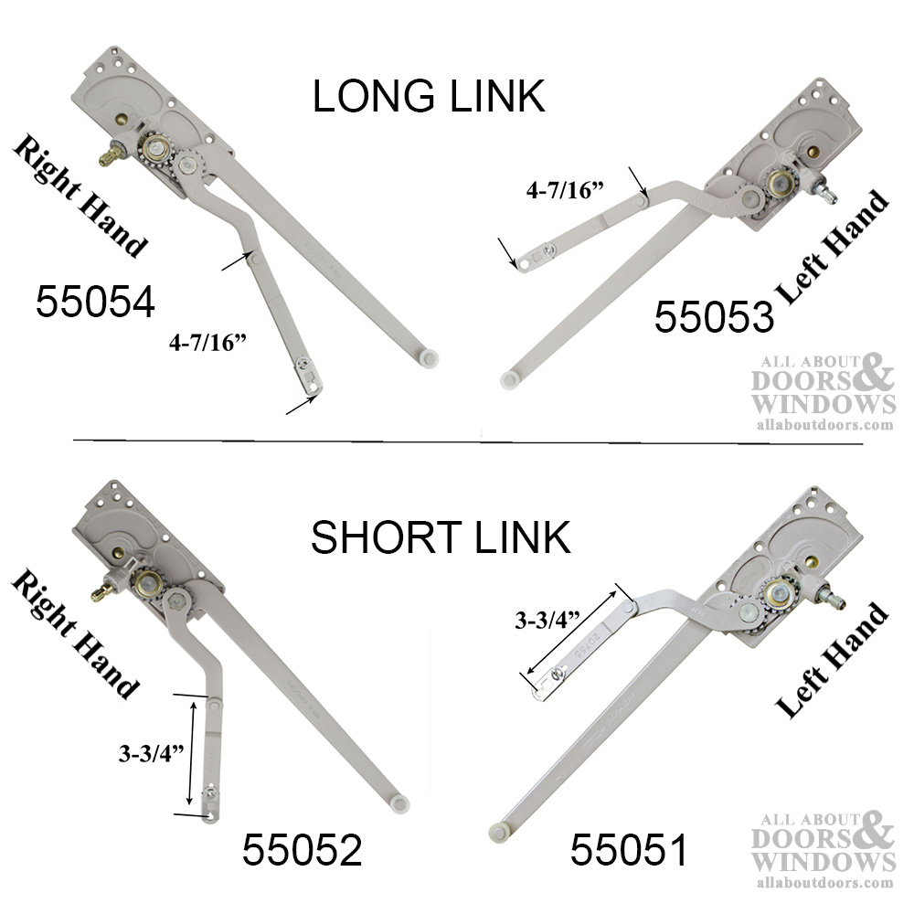 4 operators, two on top are 4 7/16 inch long link, part number 55054 is right hand and 55053 is left; bottom operators are 3 ¾ inch short link, part 55052 is right and 55051 is left