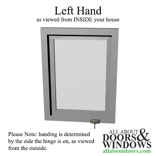 moving gif of left handed casement window viewed from inside. when handle turns, window opens with hinge on the right so left side opens