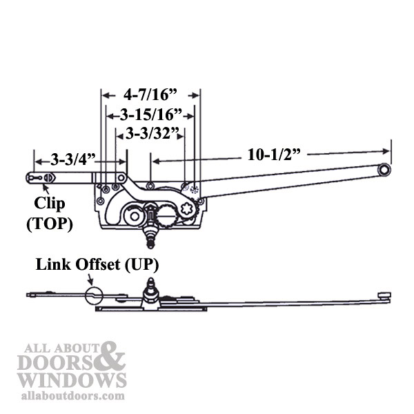 diagram showing that operator has a link offset up, a clip on top, and measurements showing a 10-1/2 inch long arm and 3-3/4 inch short arm