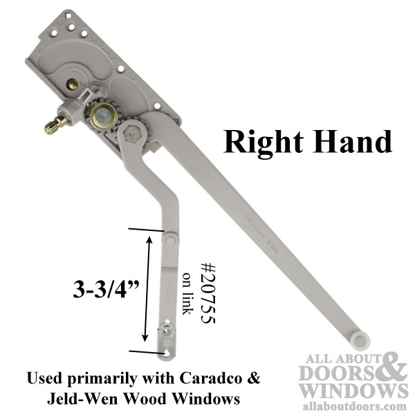 right hand beige casement operator with 3-3/4 inch short arm with stamped number 20755 and note saying it is used primarily on Caradco and Jeld-Wen Wood windows