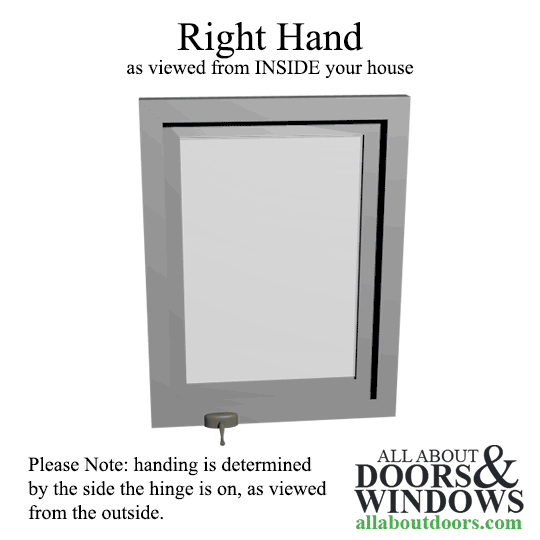 moving gif of right handed casement window viewed from inside. when handle turns, window opens with hinge on the left so right side opens