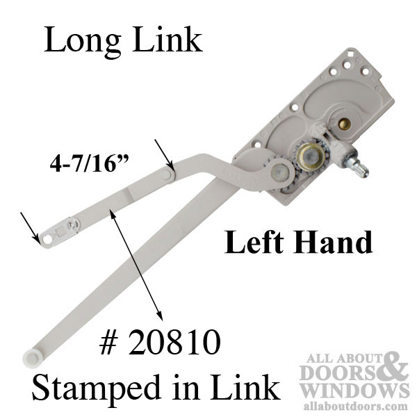 Left hand beige casement operator with 4-7/16 inch short arm with stamped number 20810