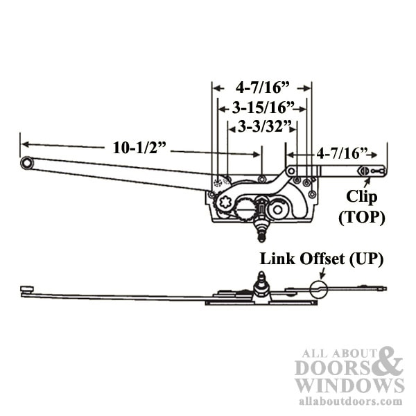 diagram showing that operator has a link offset up, a clip on top, and measurements showing a 10-1/2 inch long arm and 4 7/16 inch short arm