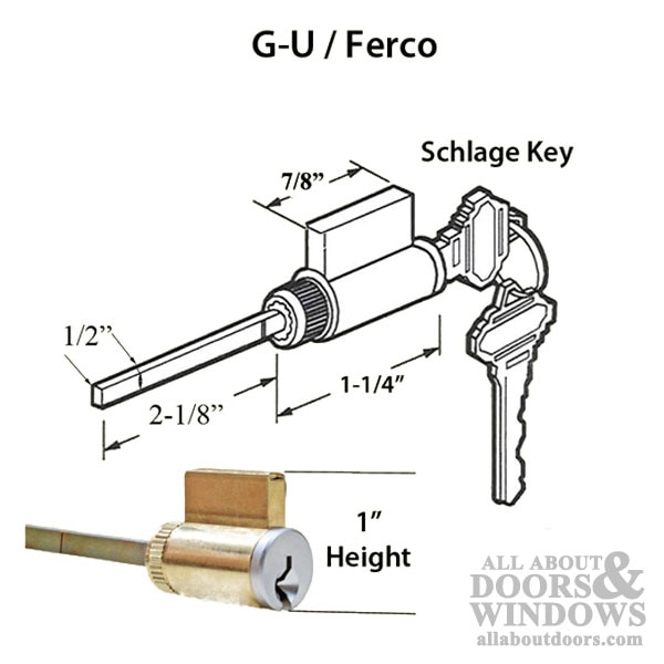 Profile Dimensions of the G-U / Ferco 1 Inch Cylinder showing the Schlage keyway and bronze finish