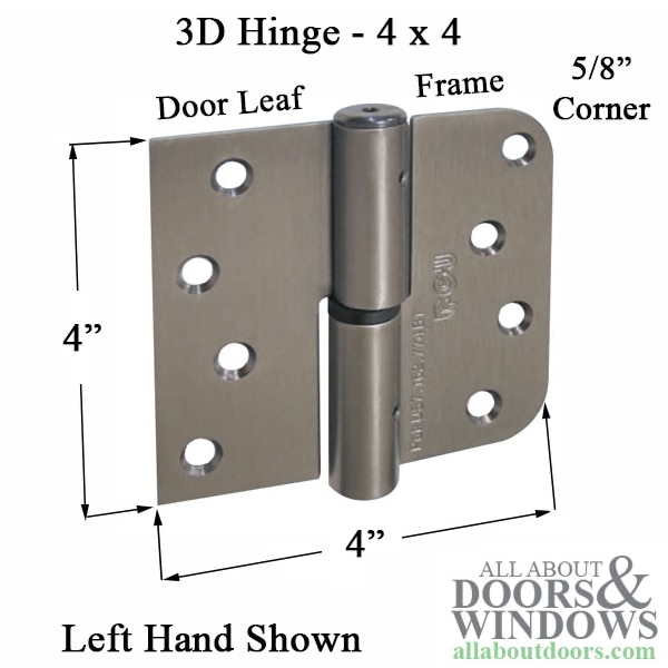 Ferco Three-Way Adjustable Hinges, Box of 3 Hinges, Square and Round Corners - Dimensions