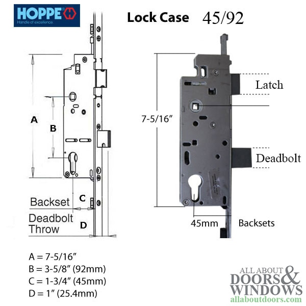 Hoppe 16mm 45/92 Shootbolt with Tongue @ 24.41 inches, 35-3/4" Handle Height, 1 inch Deadbolt