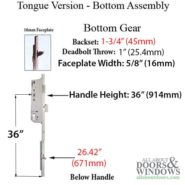 16mm Manual 45/92 Gear, Tongue 26.42", 1" D/B, 36" HH | All About Doors and Windows