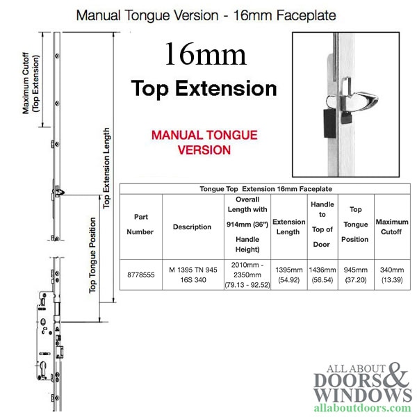 Hoppe 16mm Manual Top Extension, Tongue at 37.20", 54.92" Length