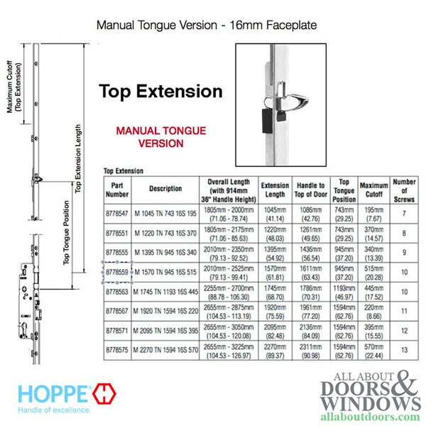 Hoppe 16mm Manual Top Extension, Tongue @ 37.20", 61.81" Length