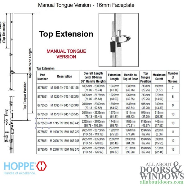 Hoppe 16mm Manual Top Extension, Tongue at 46.97", 68.70" Length | All About Doors and Windows
