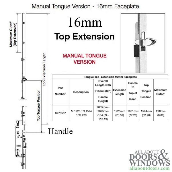 Hoppe 16mm Manual Top Extension, Tongue at 62.76 inches, 75.59-inch Length