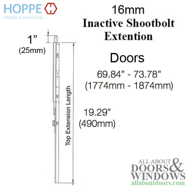 Hoppe 16mm inactive top extension with 25mm shootbolt throw, 19.29 inch length