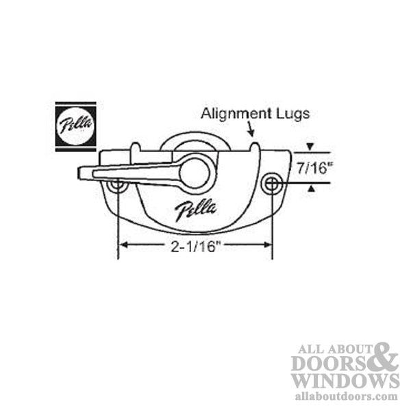 Pella Sweep Lock with 2-1/16 Inch Holes and Lugs - Dimensions