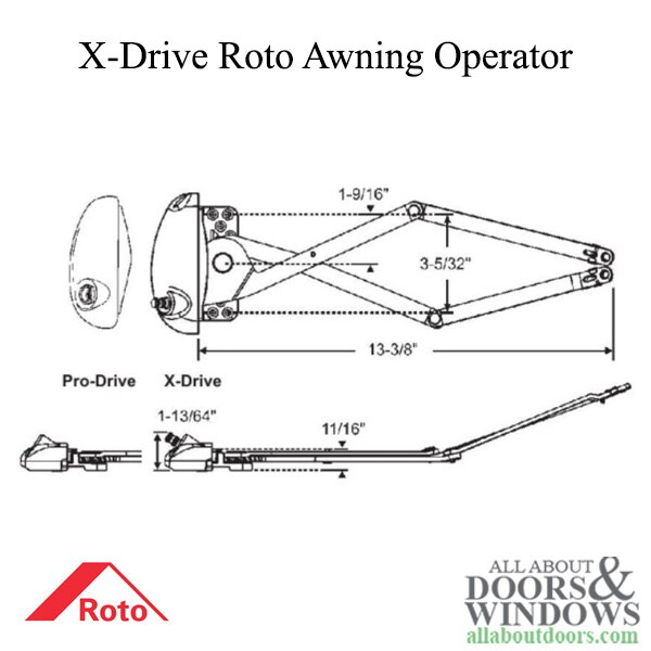 Roto OP06-7543-00 X-Drive Stainless Steel Awning Operator - Dimensions