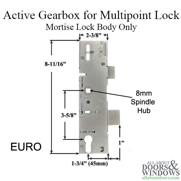 P1000 Active Gearbox, 45/92 Mortise Lock CAse Body, Euro Version Dimensions