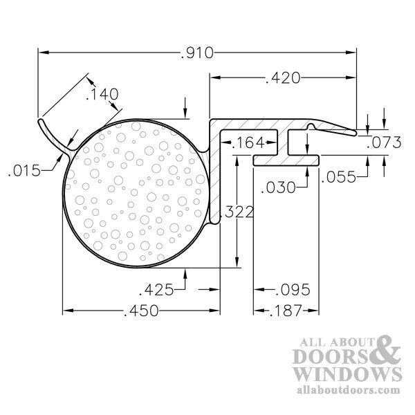 .187 T-Slot Backing .450 Foam Filled Offset Bulb Weather Stripping - Profile Dimensions