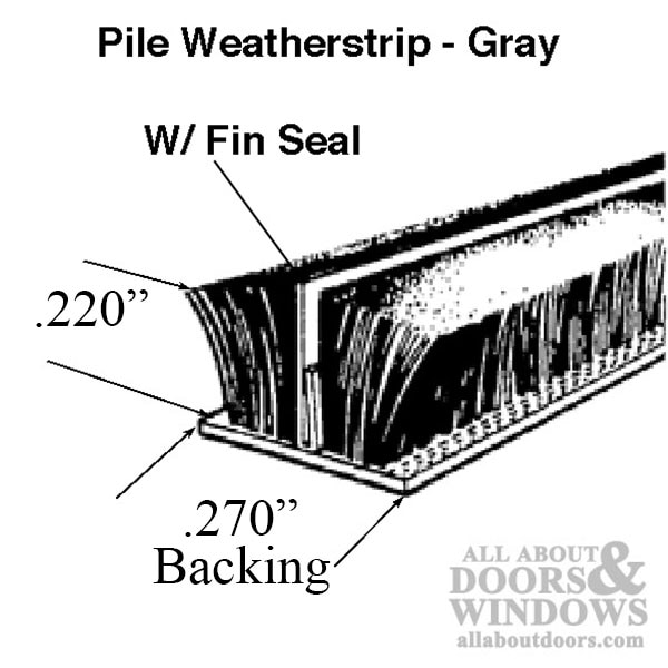 .270 Backing, .220 Pile, Weatherstrip, Fin Seal, Gray, White, Door Seal, Window Seal, Weatherstrip for Doors, Weatherstrip for Windows - Profile Dimensions